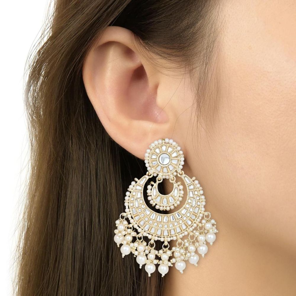 Gold Plated Kundan And Pearl Chandbali Earrings For Womens