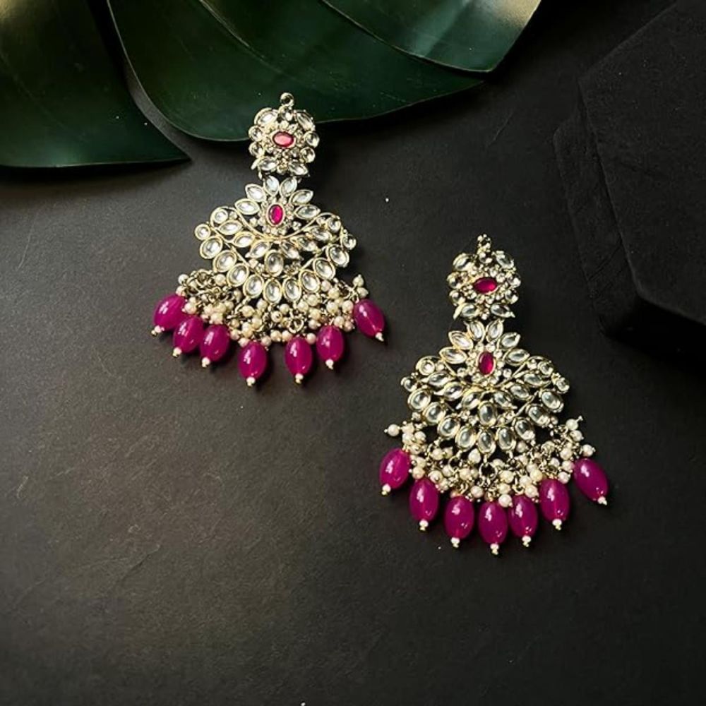 Gold Plated Traditional Kundan Pearl Chandbali Earrings For Womens And Girls