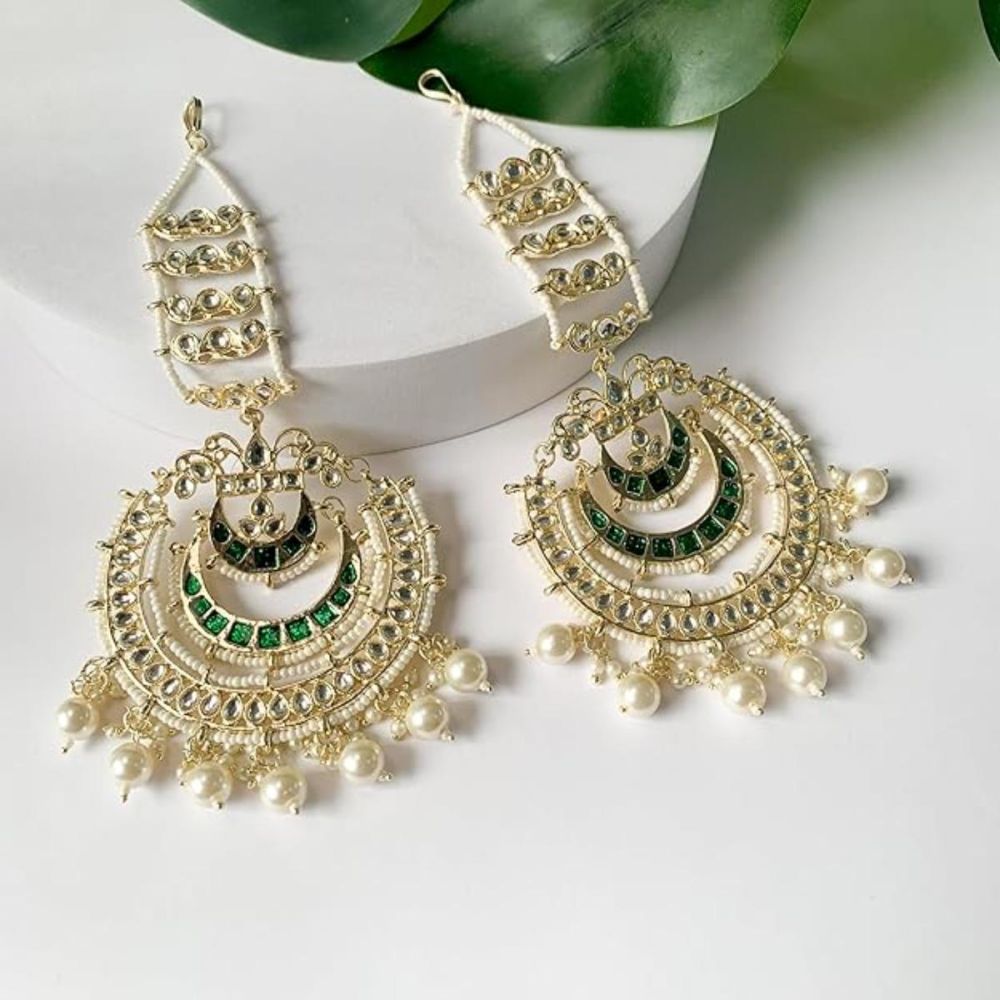 Gold Plated Traditional Kundan Hanging Pearl Earrings Attachable Ear Chain For Womens And Girls