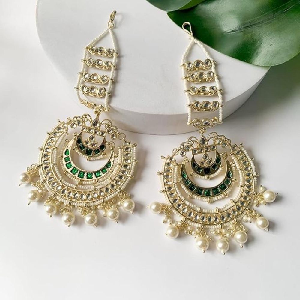 Gold Plated Traditional Kundan Hanging Pearl Earrings Attachable Ear Chain For Womens And Girls