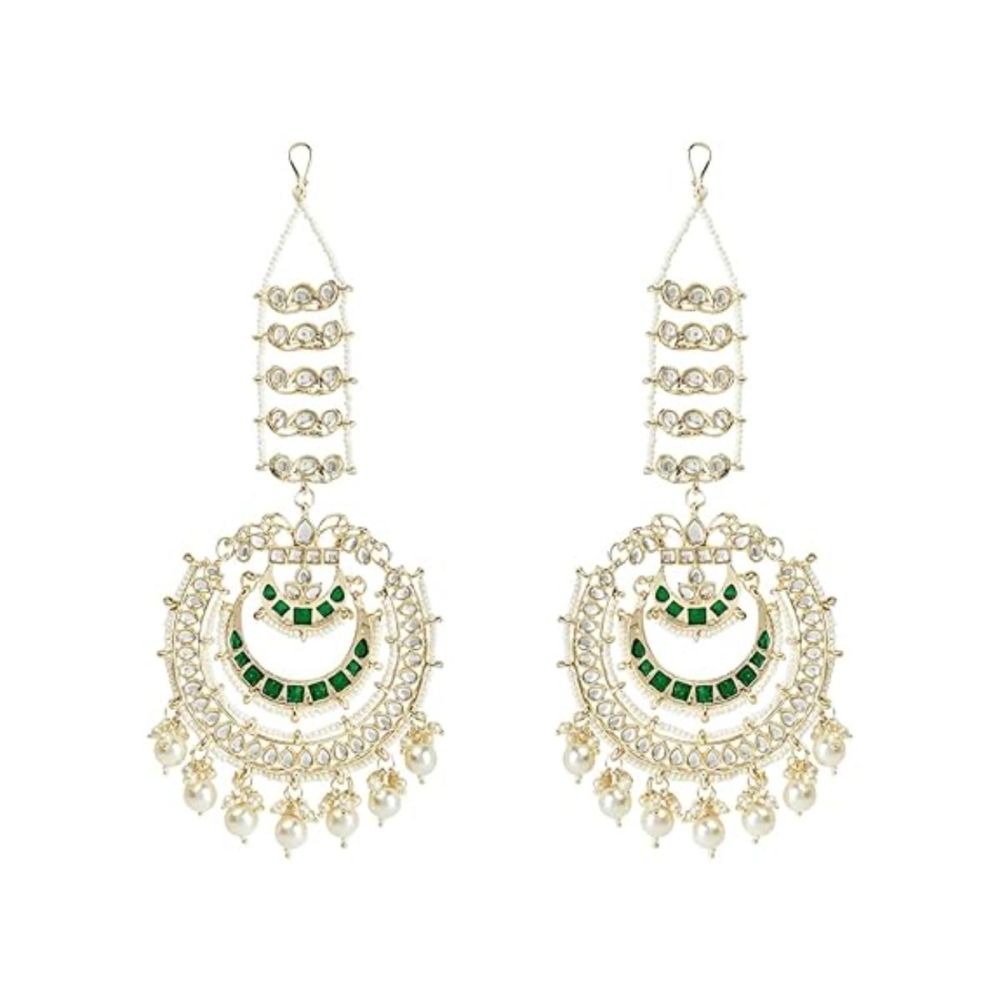 Gold Plated Traditional Kundan Hanging Pearl Earrings Attachable Ear Chain For Womens And Girls