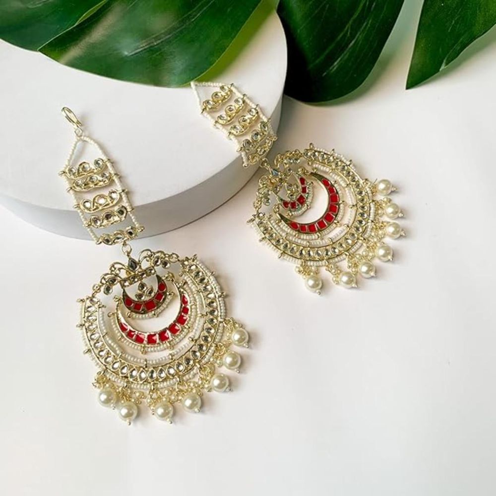 Gold Plated Traditional Kundan Hanging Pearl Earrings Attachable Ear Chain For Womens And Girls