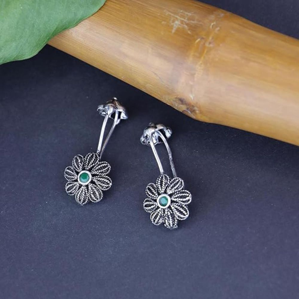 Silver Oxidised Ear Cuff Bugadi Earring Floral Earcuffs Clip On Earrings Non Pierced Earrings For Womens And Girls