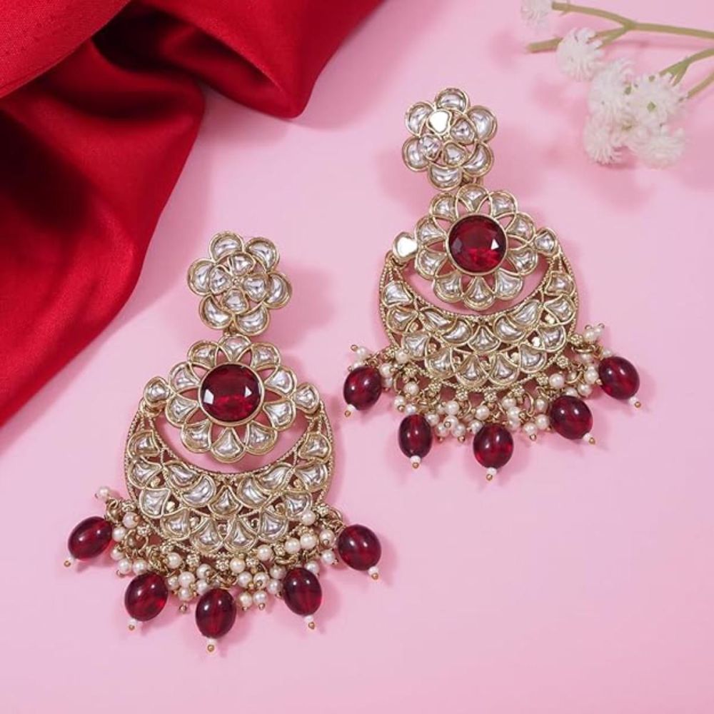 Gold Plated Kundan And Pearl Chandbali Earrings For Womens