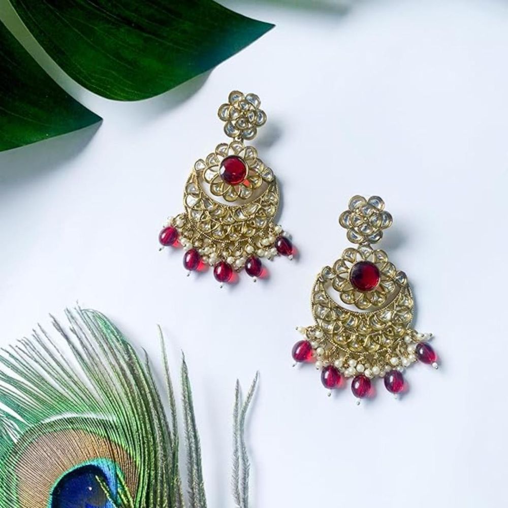 Gold Plated Kundan And Pearl Chandbali Earrings For Womens