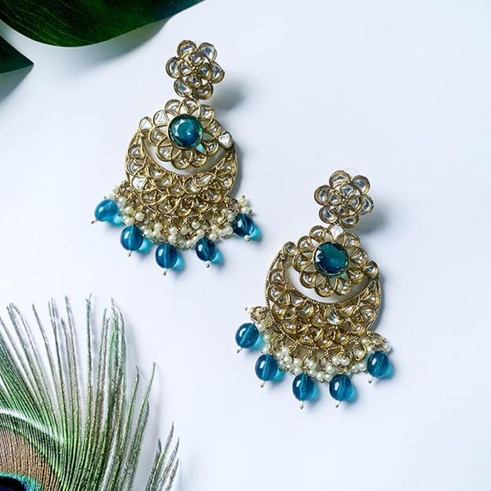 Gold Plated Kundan And Pearl Chandbali Earrings For Womens