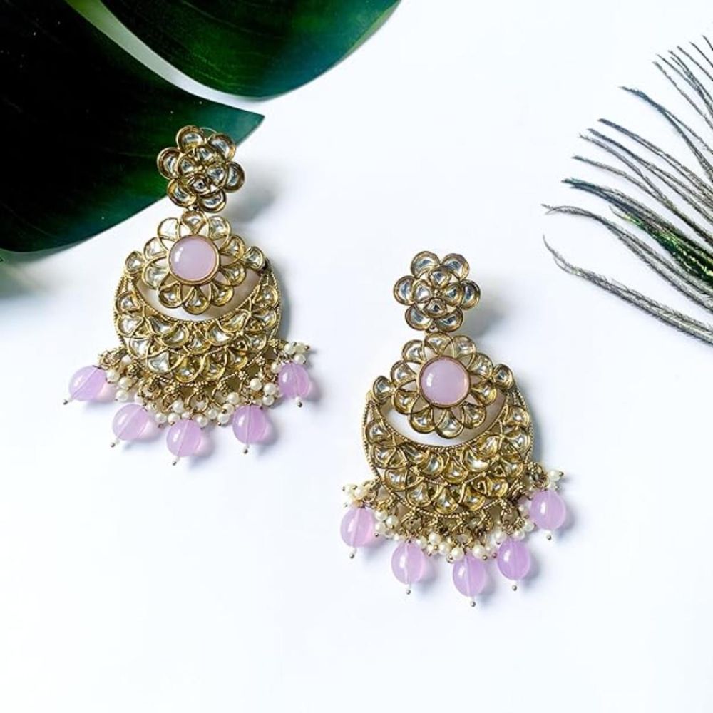 Gold Plated Kundan And Pearl Chandbali Earrings For Womens