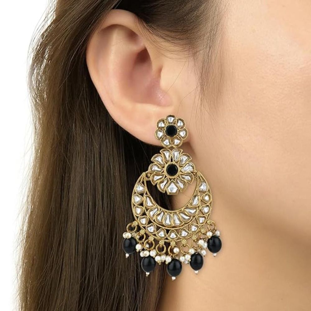 Gold Plated Kundan And Pearl Chandbali Earrings For Womens