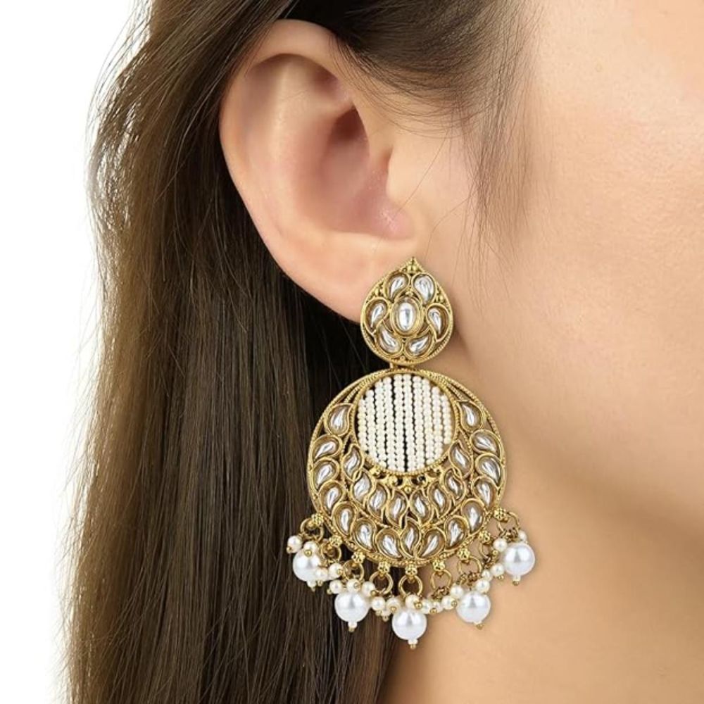 Gold Plated Kundan And Pearl Chandbali Earrings For Womens