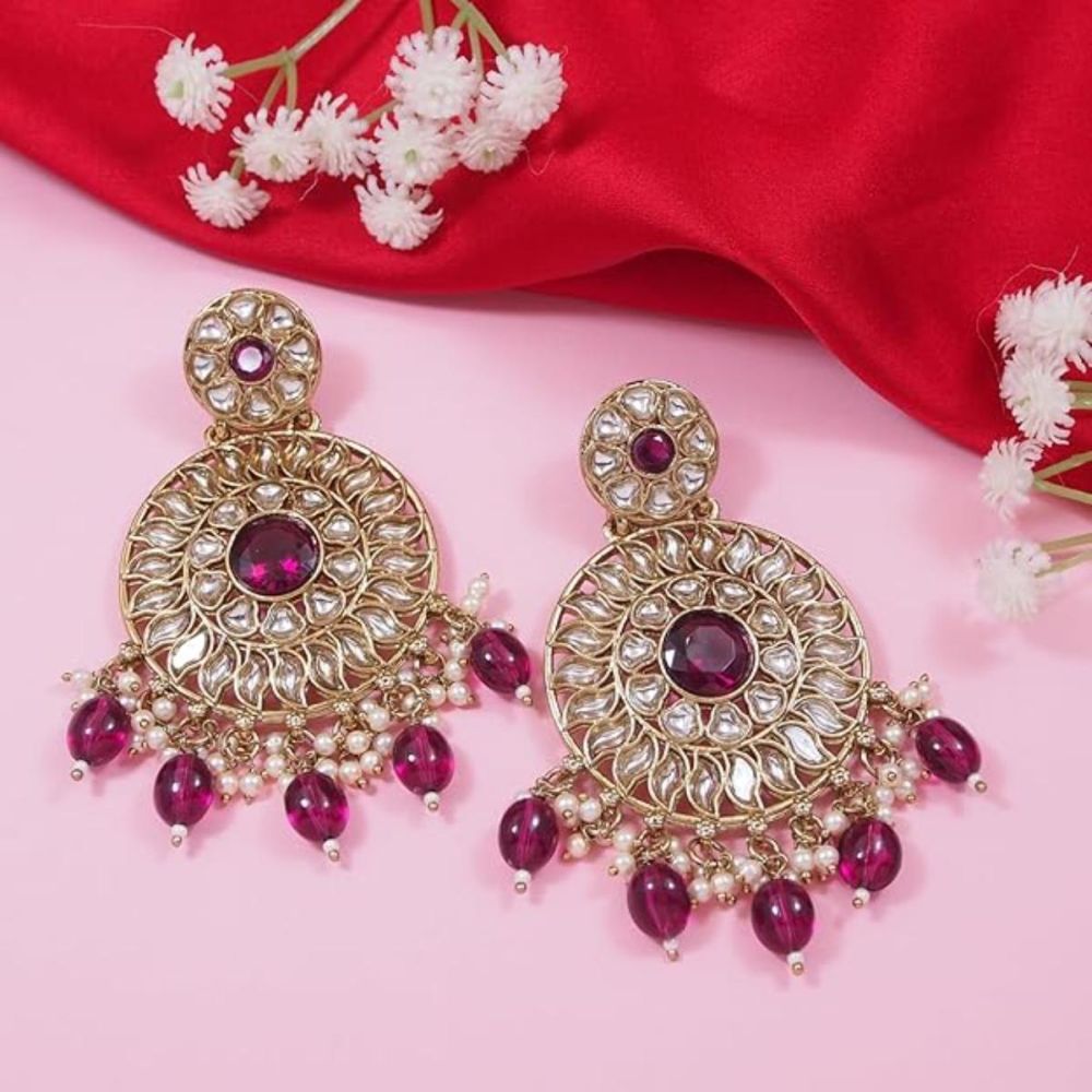 Gold Plated Kundan And Pearl Chandbali Earrings For Womens