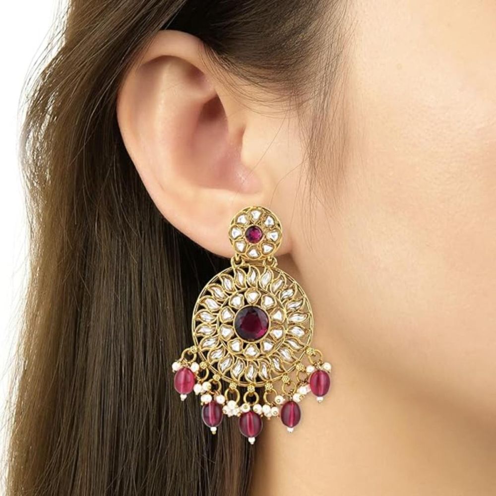 Gold Plated Kundan And Pearl Chandbali Earrings For Womens