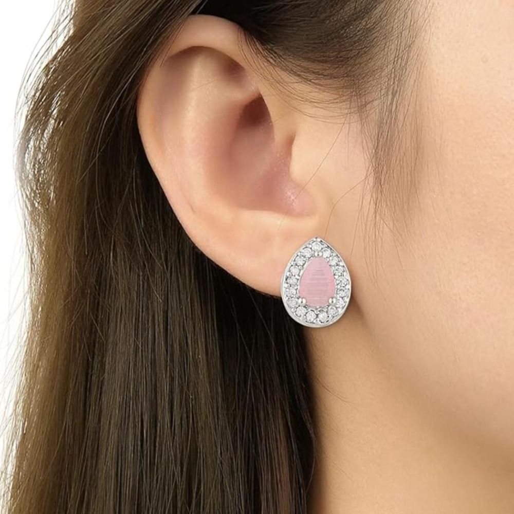 Stylish Latest Fashion Silver Plated Cz American Diamond Stud Earrings For Womens And Girls