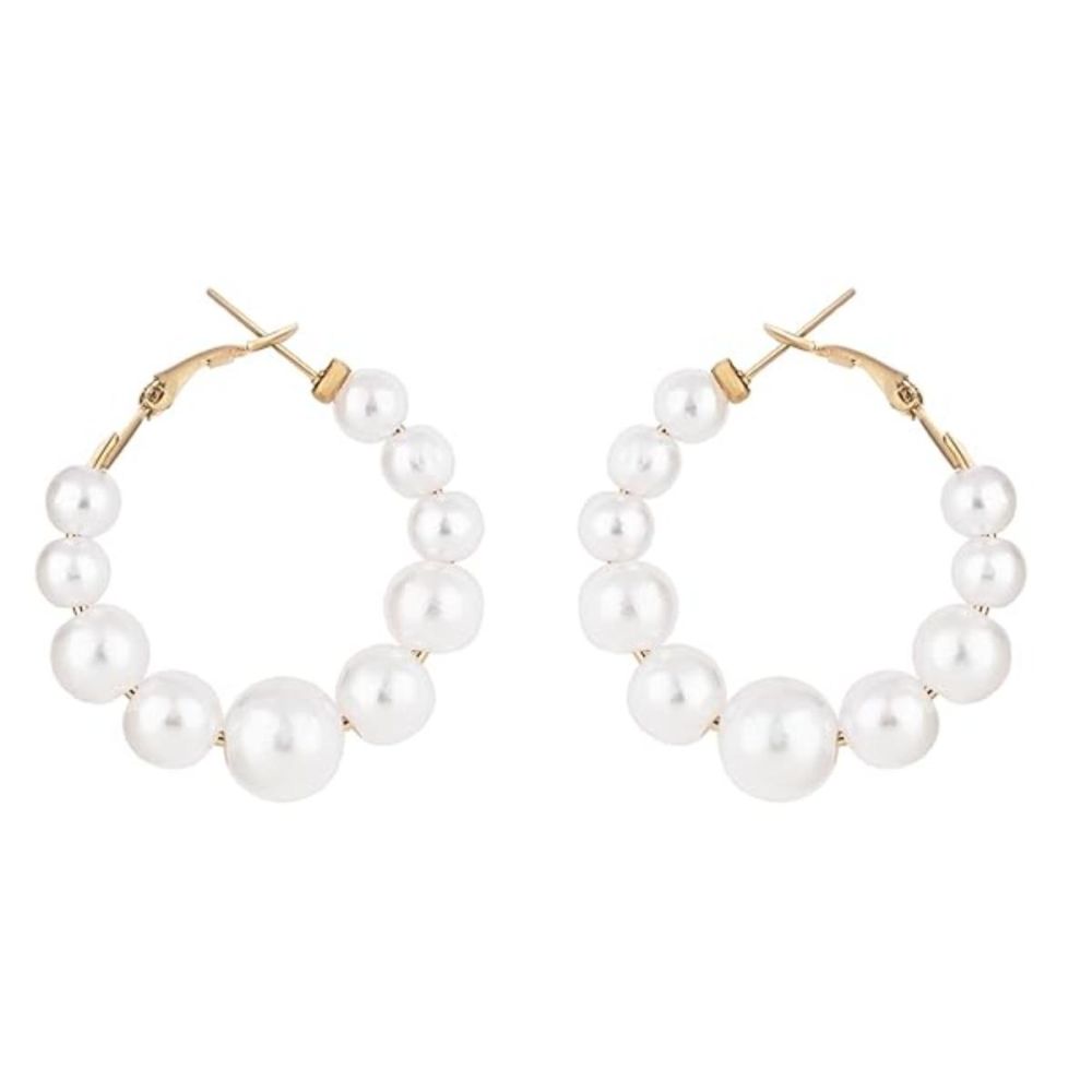 Womens Latest Stylish Gold Plated Lightweight Round Pearl Chunky Earrings