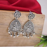 Ethnic Silver Oxidised Afghani Style Floral Design Temple Earrings For Womens