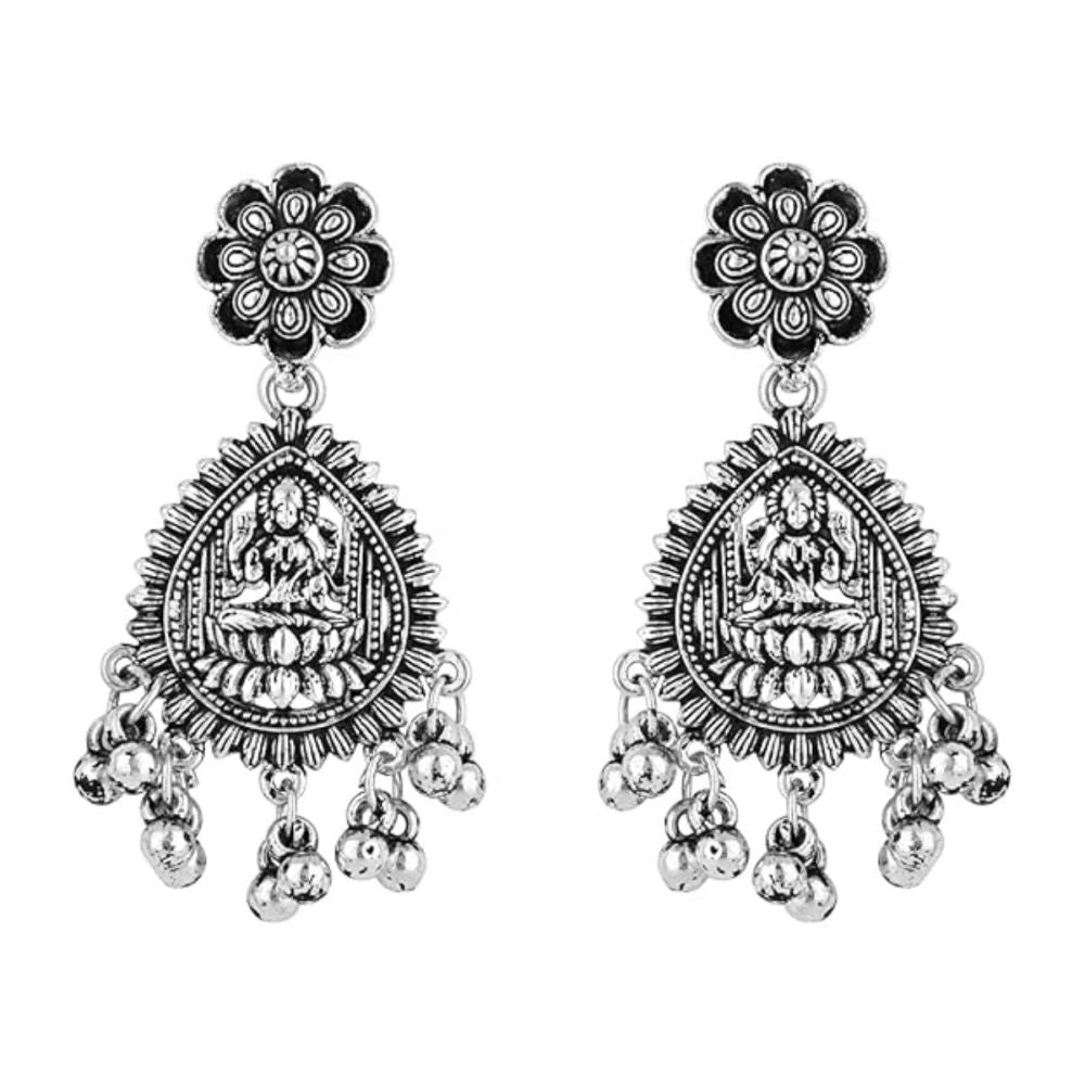 Ethnic Silver Oxidised Afghani Style Floral Design Temple Earrings For Womens