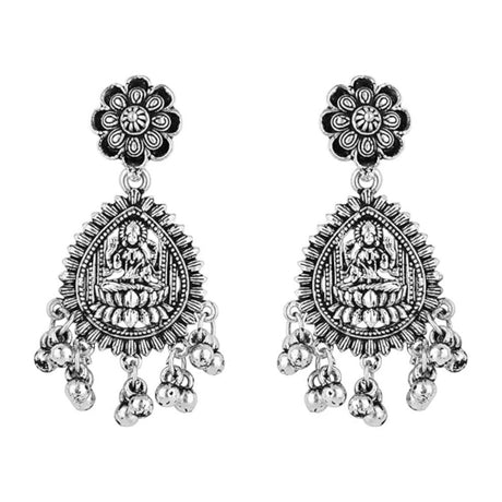 Ethnic Silver Oxidised Afghani Style Floral Design Temple Earrings For Womens