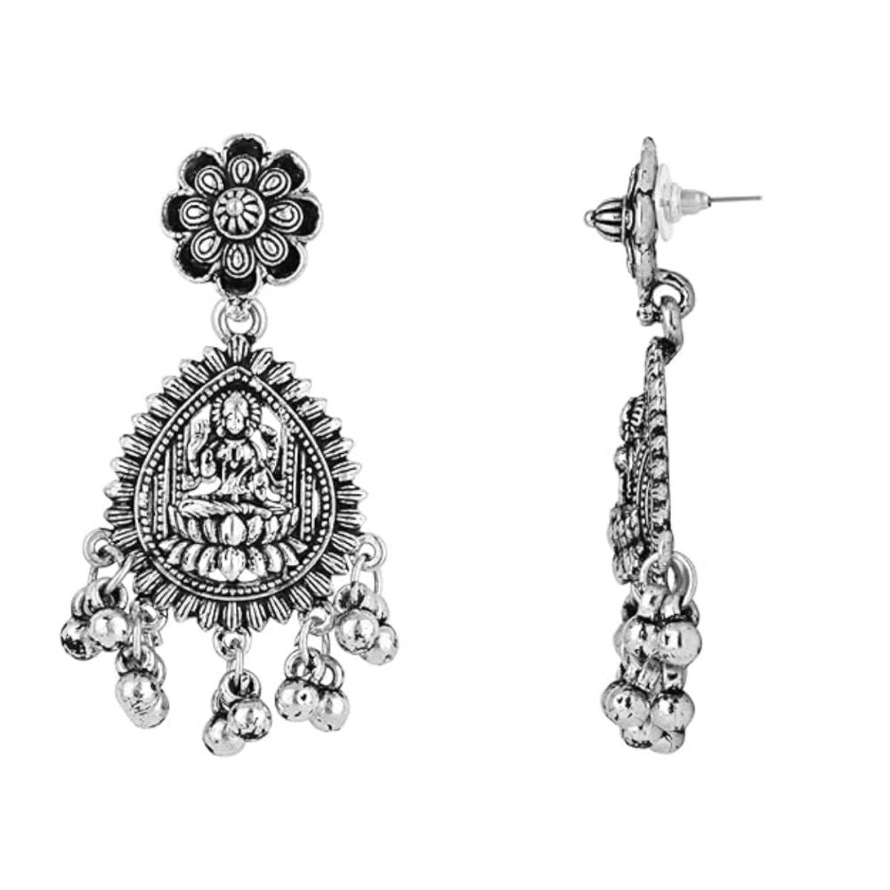 Ethnic Silver Oxidised Afghani Style Floral Design Temple Earrings For Womens