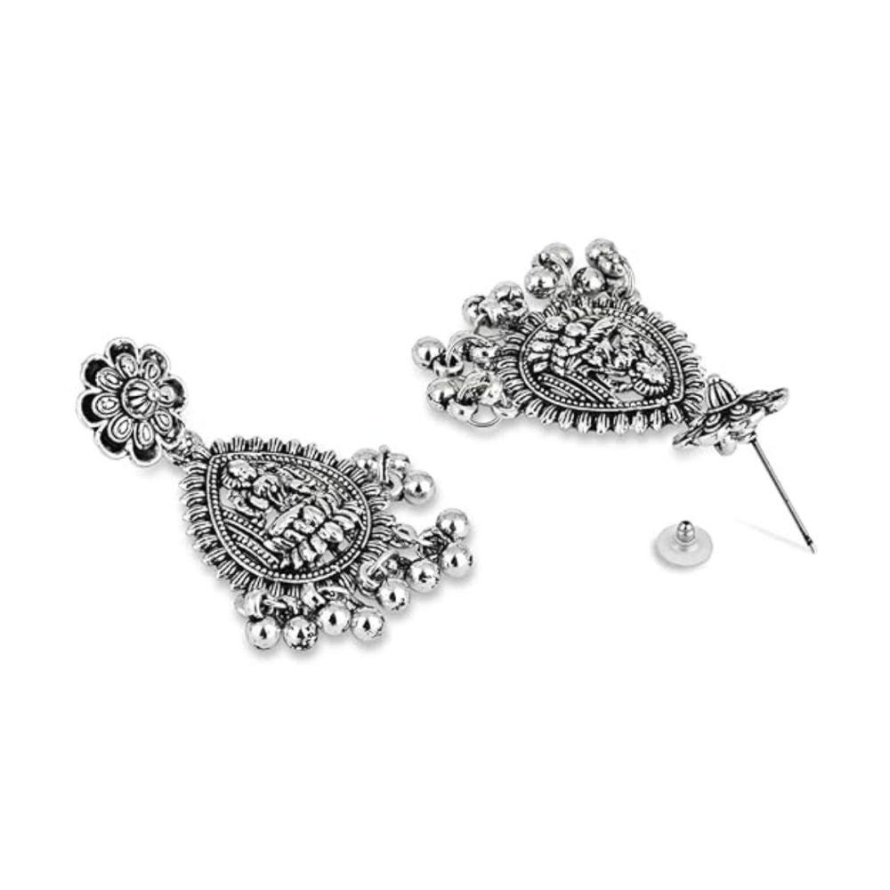 Ethnic Silver Oxidised Afghani Style Floral Design Temple Earrings For Womens