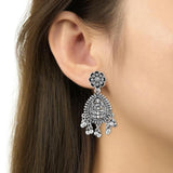 Ethnic Silver Oxidised Afghani Style Floral Design Temple Earrings For Womens