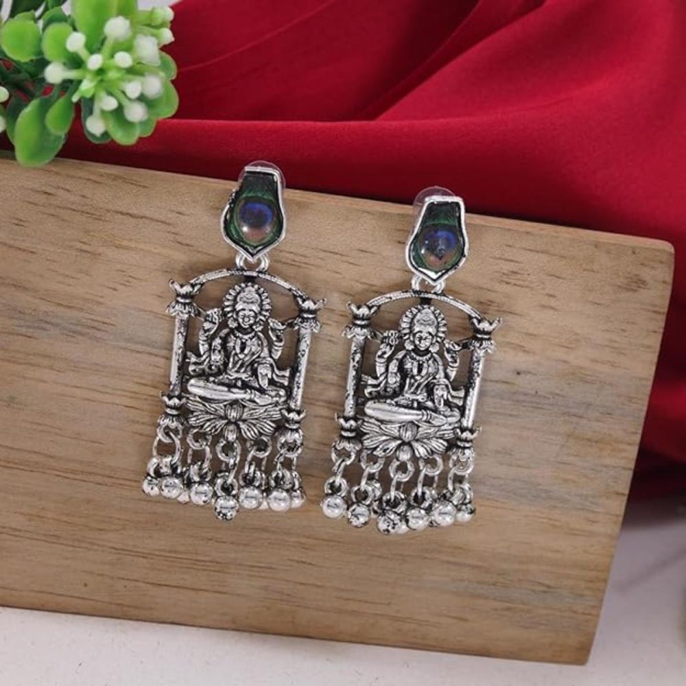 Ethnic Silver Oxidised Afghani Boho Peacock Feather Dangle Earring For Womens