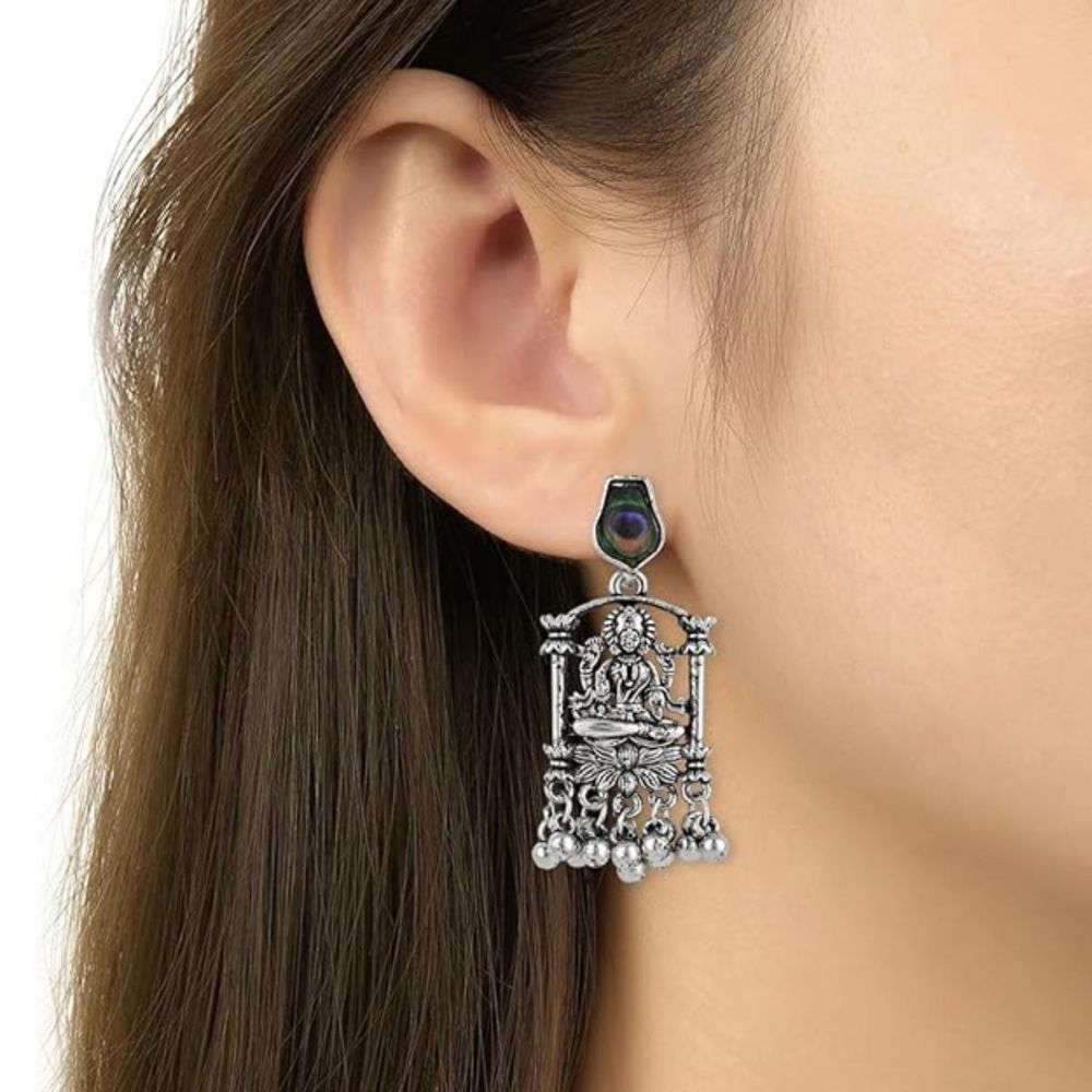 Ethnic Silver Oxidised Afghani Boho Peacock Feather Dangle Earring For Womens