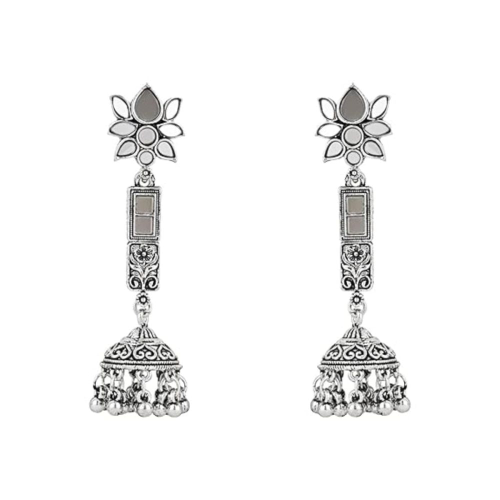 Ethnic Silver Oxidised Afghani Style Lotus Design Jhumka Earrings For Womens