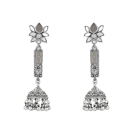 Ethnic Silver Oxidised Afghani Style Lotus Design Jhumka Earrings For Womens