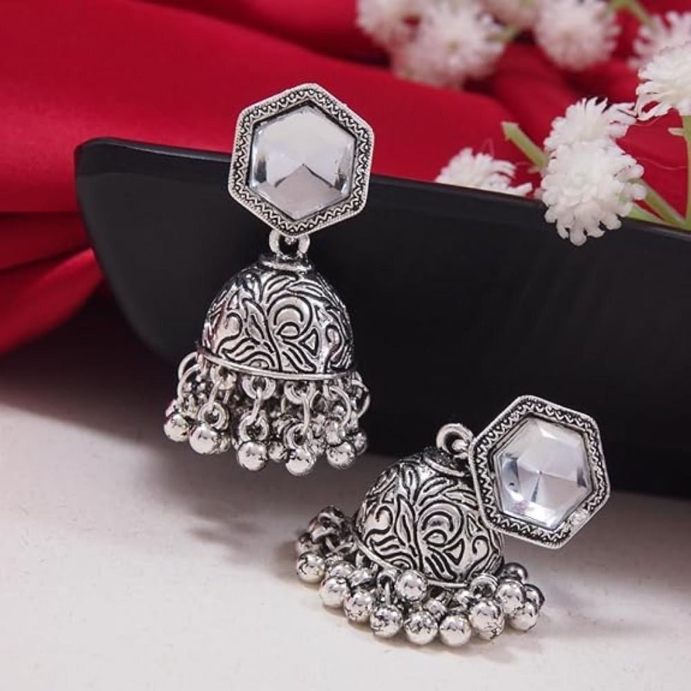 Navratri Ethnic Silver Oxidised Afghani Style Trending Jhumka Earrings For Womens And Girls