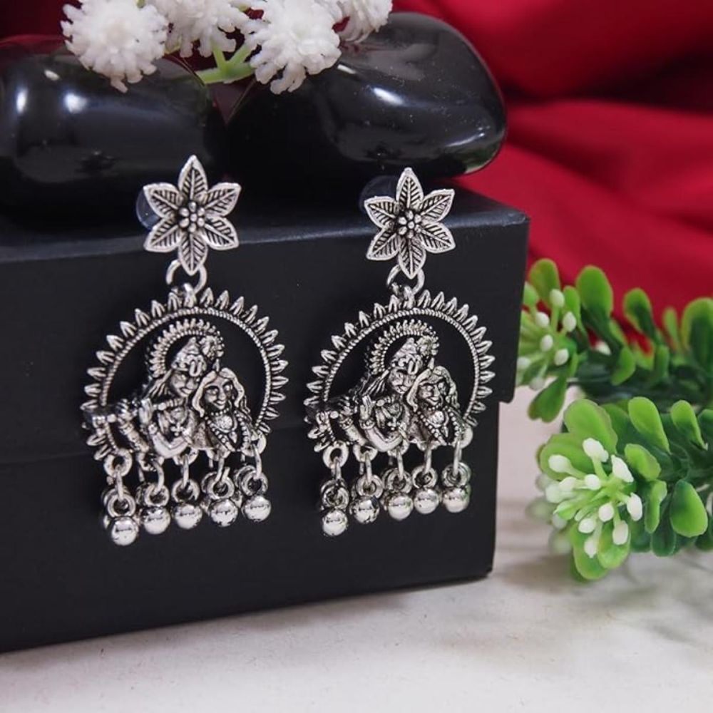 Silver Oxidised Afghani Style Radhe Krishna Flute Figurative Designer Earrings For Womens