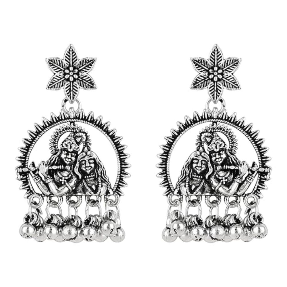 Silver Oxidised Afghani Style Radhe Krishna Flute Figurative Designer Earrings For Womens