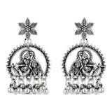 Silver Oxidised Afghani Style Radhe Krishna Flute Figurative Designer Earrings For Womens