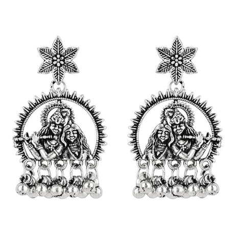 Silver Oxidised Afghani Style Radhe Krishna Flute Figurative Designer Earrings For Womens