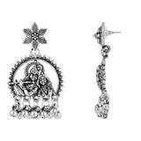 Silver Oxidised Afghani Style Radhe Krishna Flute Figurative Designer Earrings For Womens