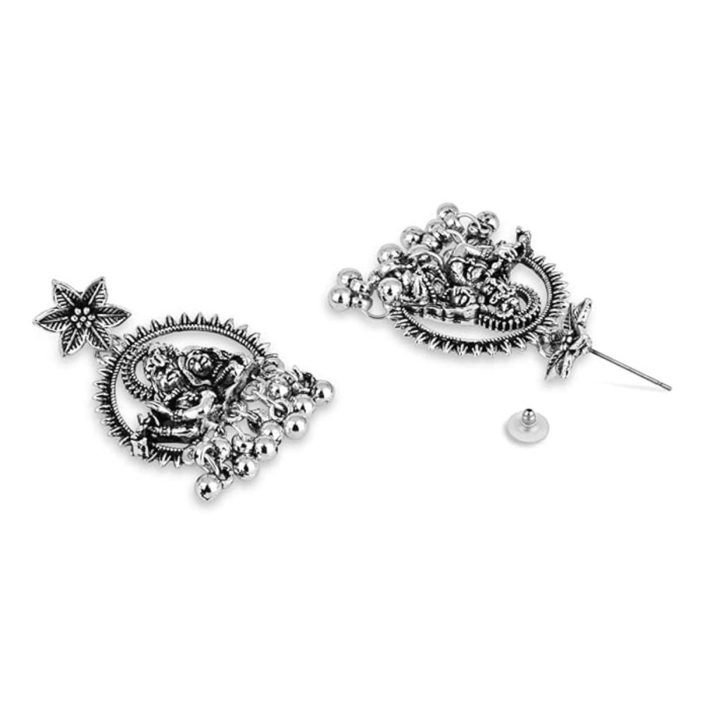 Silver Oxidised Afghani Style Radhe Krishna Flute Figurative Designer Earrings For Womens