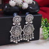 Silver Oxidised Afghani Style Radhe Krishna Flute Figurative Designer Earrings For Womens