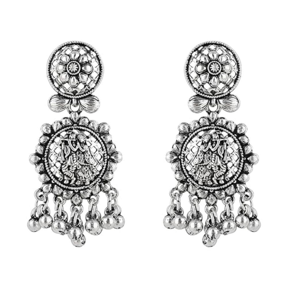 Silver Oxidised Afghani Style Radhe Krishna Flute Figurative Designer Earrings For Womens