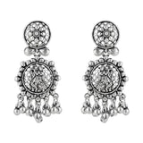 Silver Oxidised Afghani Style Radhe Krishna Flute Figurative Designer Earrings For Womens