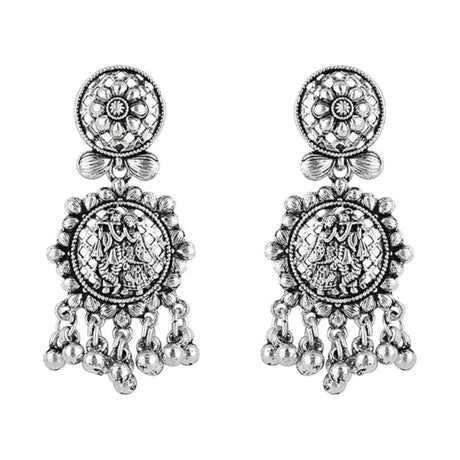 Silver Oxidised Afghani Style Radhe Krishna Flute Figurative Designer Earrings For Womens