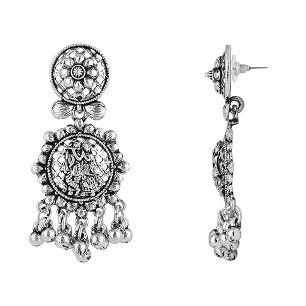 Silver Oxidised Afghani Style Radhe Krishna Flute Figurative Designer Earrings For Womens