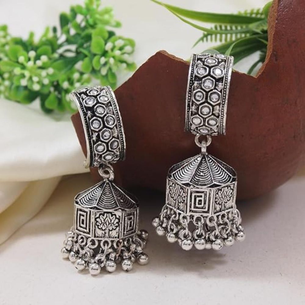 Navratri Ethnic Silver Oxidised Afghani Style Trending Jhumka Earrings For Womens And Girls