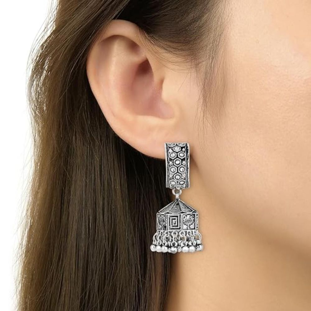 Navratri Ethnic Silver Oxidised Afghani Style Trending Jhumka Earrings For Womens And Girls