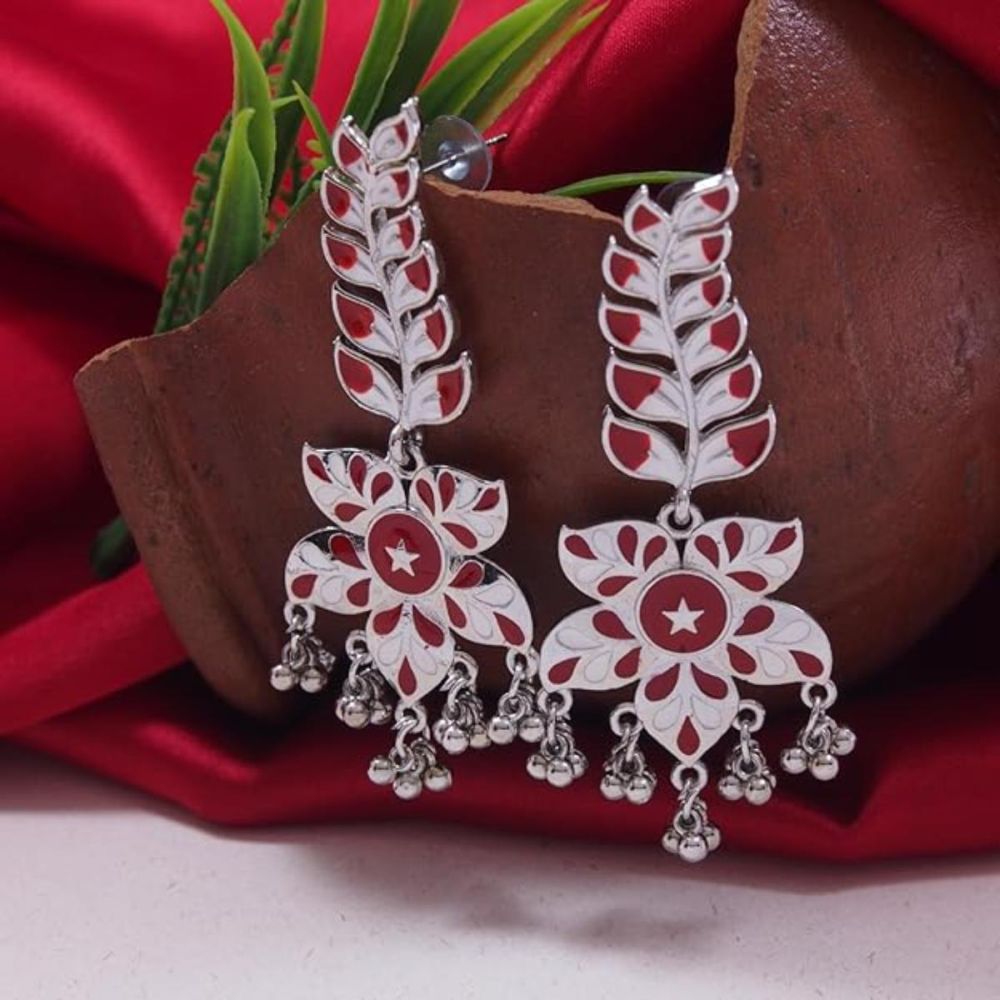 Silver Oxidised Meenakari Trendy Floral Leaf Design Dangle Earrings For Womens