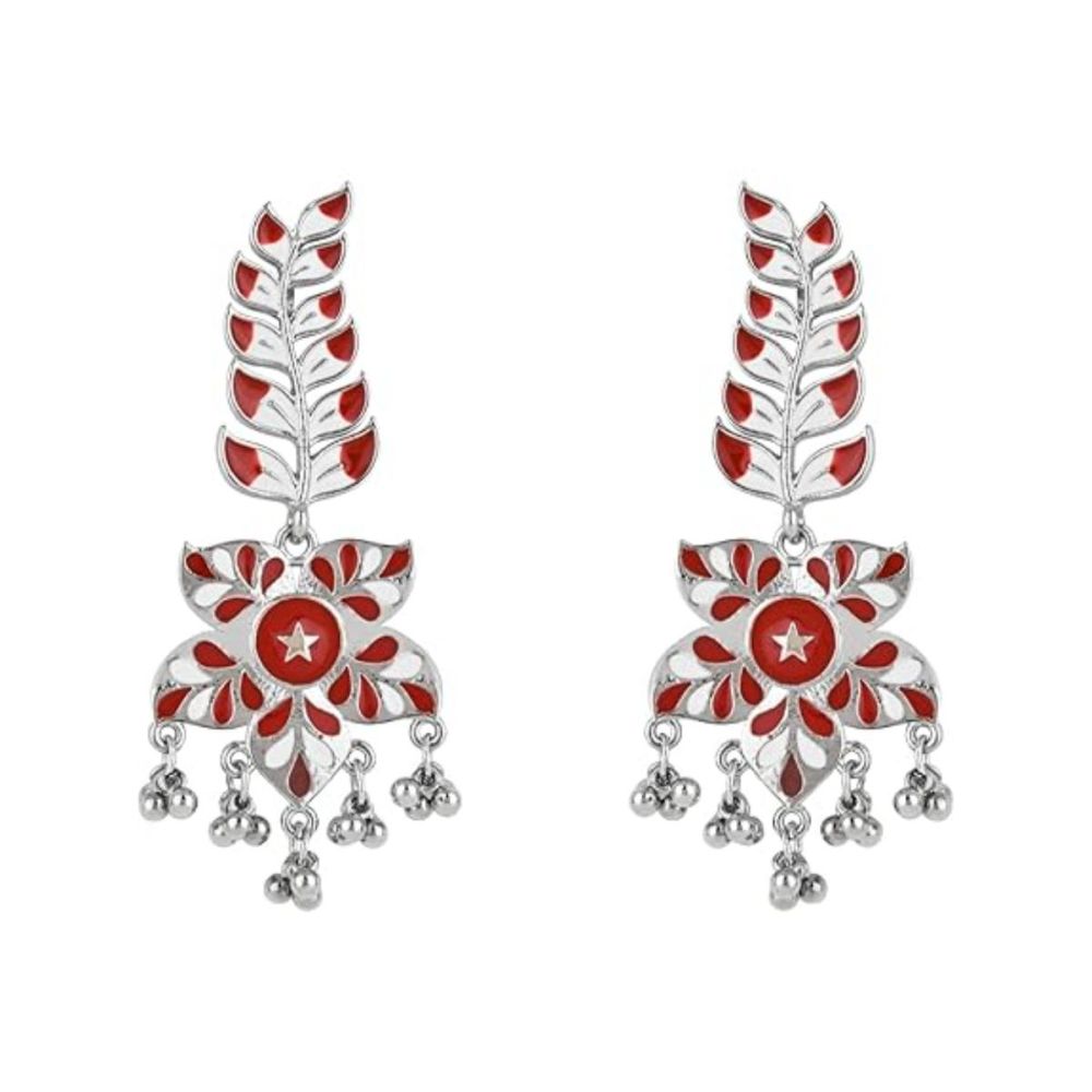 Silver Oxidised Meenakari Trendy Floral Leaf Design Dangle Earrings For Womens