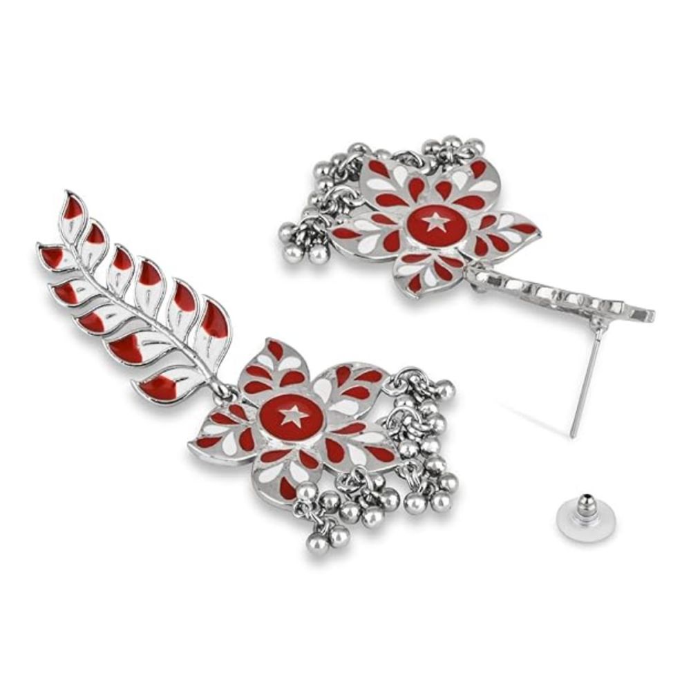 Silver Oxidised Meenakari Trendy Floral Leaf Design Dangle Earrings For Womens