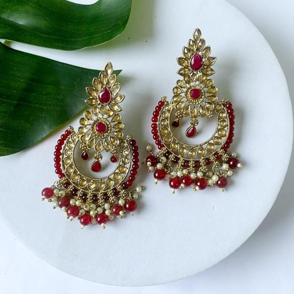 Gold Plated Kundan And Pearl Chandbali Earrings For Womens