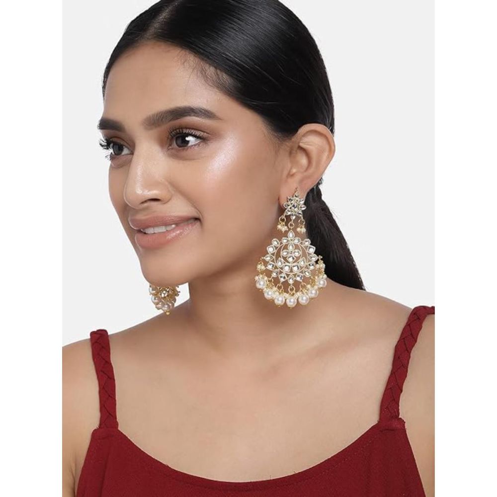 Gold Plated Kundan And Pearl Chandbali Earrings For Womens