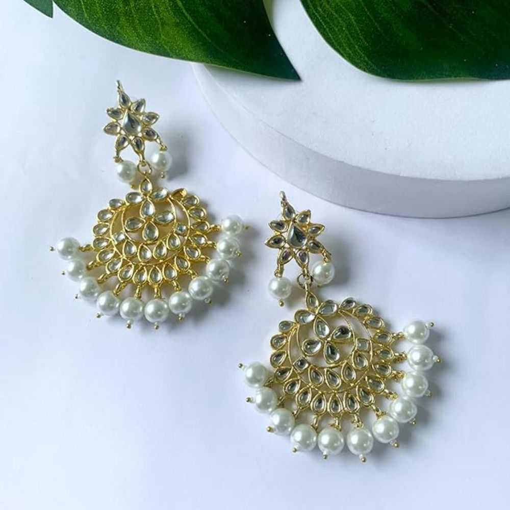 Gold Plated Kundan And Pearl Chandbali Earrings For Womens