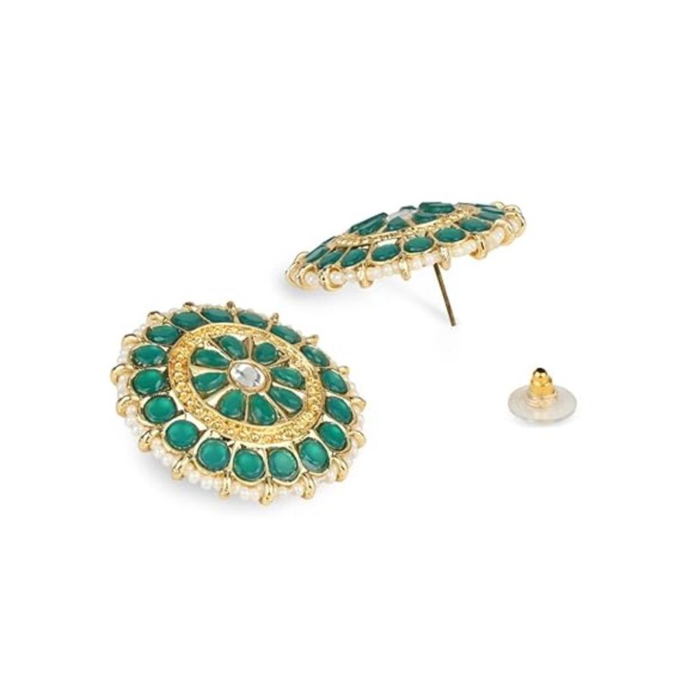 Gold Plated Kundan And Pearl Round Floral Stud Earrings For Womens