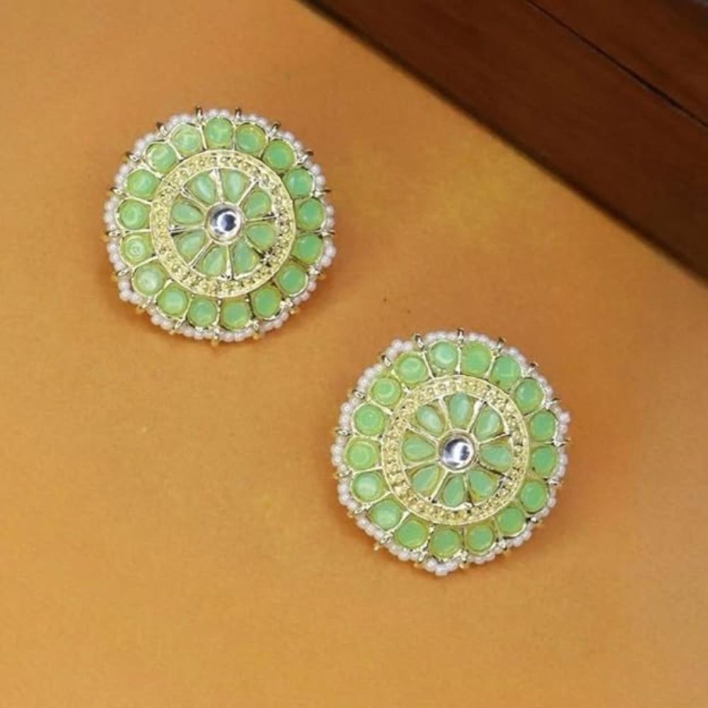 Gold Plated Kundan And Pearl Round Floral Stud Earrings For Womens