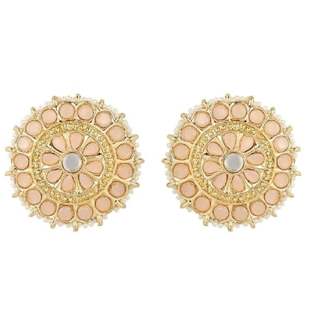 Gold Plated Kundan And Pearl Round Floral Stud Earrings For Womens